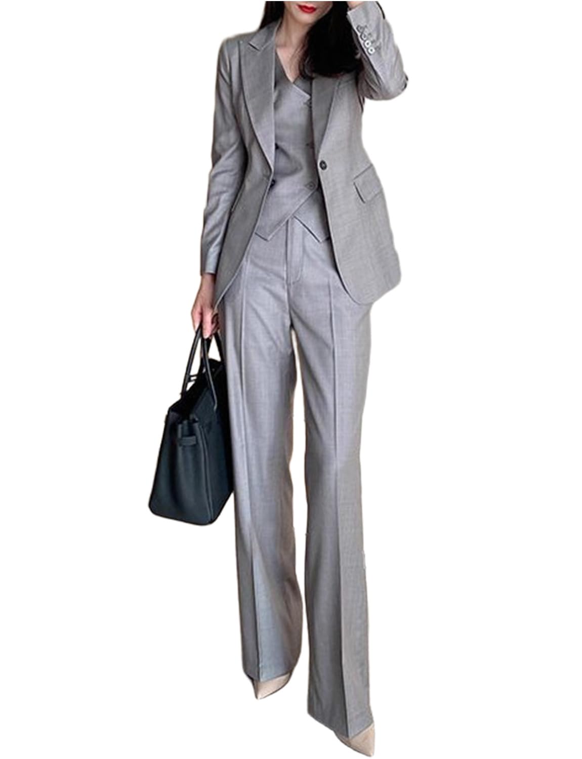 Ulnomio Womens Suit Three Pieces Peak Lapel One Button Jacket Vest Pants Speech Set Office