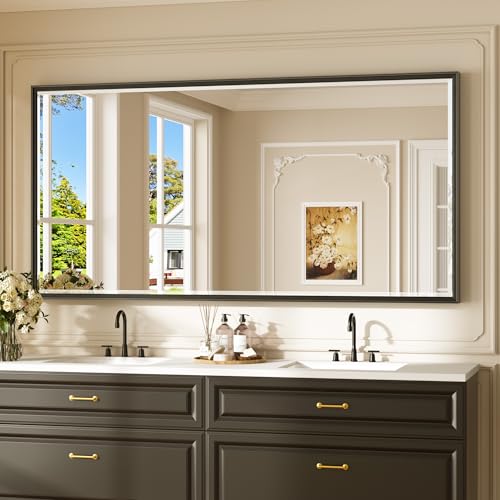 Keonjinn 72 x 36 Large Black Bathroom Vanity Mirror, Brushed Black Framed Mirror for Wall, Tempered Glass with Beveled Edge, Sculpted Aluminum Alloy Frame, Oversized Bathroom Mirrors for Over Sink