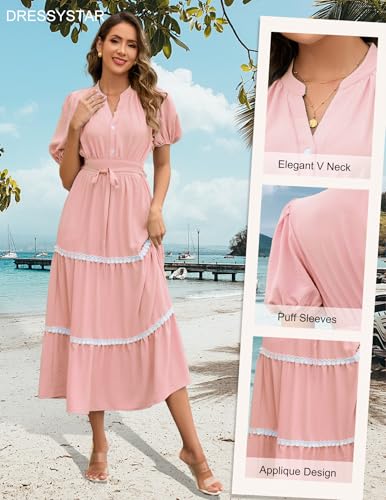 Image of Dressystar Women's Puff Sleeve Boho Maxi Dress V Neck Tiered Summer Wedding Guest Beach Vacation Dresses 2025