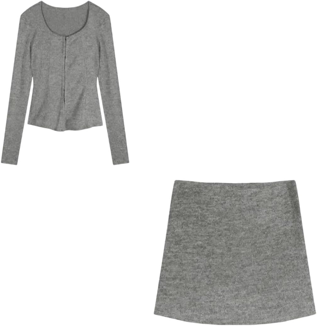 Women's Knitted Suits 2 Piece Skirt Set Elegant Crop Tops High Waist Slim Mini Skirt Korean