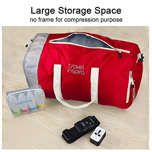Travel Inspira Foldable Travel Duffle Bag Collapsible Packable Lightweight Sport Gym Bag Emergency Use Water Resistant Nylon 40L Red