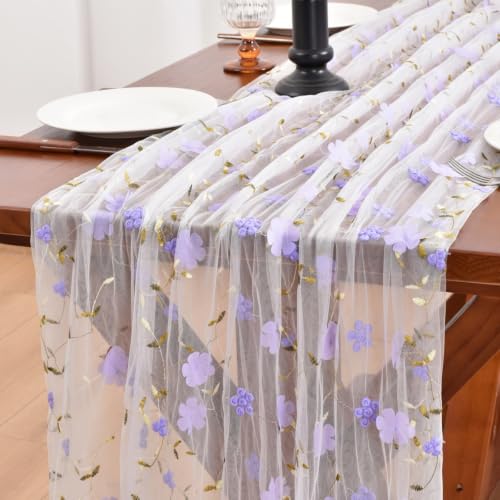 Lilac Wildflowers Table Runner Gauze Floral Birthday Party Home Table Decor