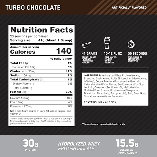 Image of Optimum Nutrition Platinum Hydrowhey Protein Powder, 100% Hydrolyzed Whey Protein Isolate Powder, Flavor: Turbo Chocolate, 20 Servings, 1.8 Pounds (Packaging May Vary)