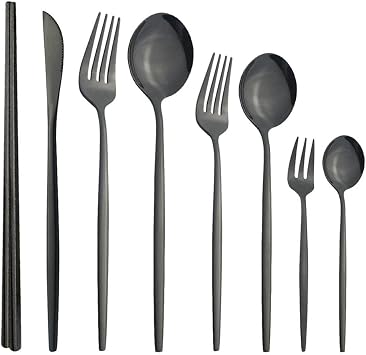 Kitchen Utensils Set,Kitchen Starter Set,Cutlery Set 8Pcs Stainless Steel Flatware Silverware Set Service for 1, Tableware Include Knife/Fork/Spoon/Chopsticks, Mirror Polished-Black