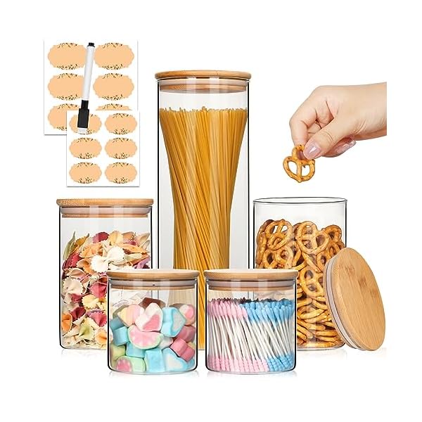 AuroTrends Glass Jars with Bamboo Lids 5Pack, Glass Food Storage Containers with Lids for Kitchen Storage- Flour and Sugar Containers, Stackable Kitchen Canisters with Stickers and Marker (Set of 5)