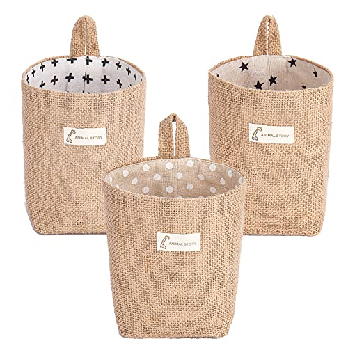 FDDD 3 Piezas Lino y Algodón Bolsa De Almacenamiento, Bolsa De Almacenamiento para Colgar, Cesta De Almacenamiento con Asa, para Pared, Puerta, Sala De Organizador, Baño Cover