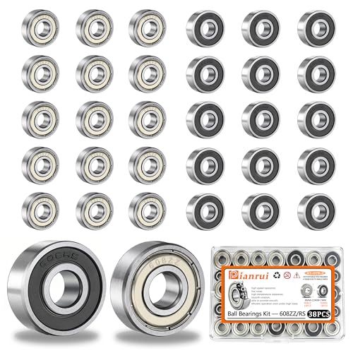 Dianrui 38 PCS 608RS & 608ZZ Ball Bearings Assortment Kit Small Bearings Carbon Steel Deep Groove Bearing for Furniture Wheel Roller Skates 3D Printing and ect (8mm x 22mm x 7mm)