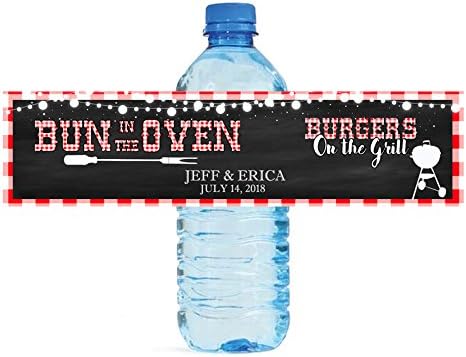 100 Bun in The Oven Burgers On The Grill Baby Shower BBQ Baby Q Water Bottle Labels Easy to Use