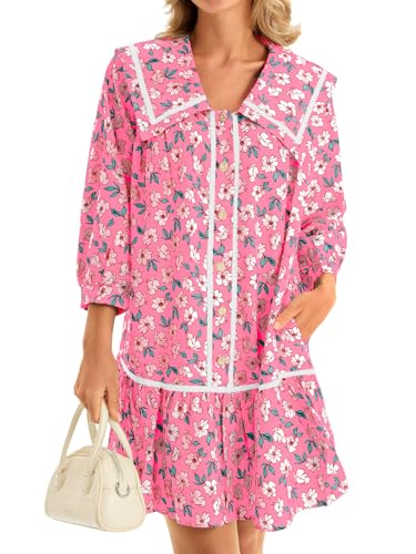 Image of Wenrine Womens Casual Shirt Dresses 3 /4 Long Sleeve Floral Button Down Flowy Babydoll Fall Mini Dress