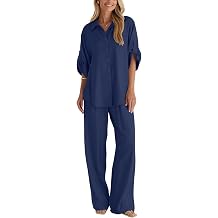 BWQ Womens 2 Piece Linen Button Up Blouse,and Wide Leg Pant Set,Work Wear Shirt Suit