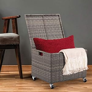 BIRDROCK HOME Rolling File Box Storage Cabinet with Wheels Weatherproof Rattan Style Resin Deck Chest for Garden Home and Office Organize Cushions Toys and Accessories Storage Box Tan