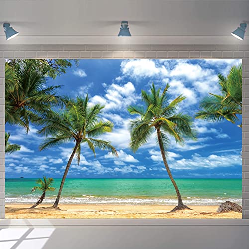 Tropical Seaside Beach Backdrop Summer Palm Tree Photography Background Blue Sea Sky Ocean Holiday Travel for Kids Portrait Banner Hawaiian Luau Theme Party Decoration Background - Image 3