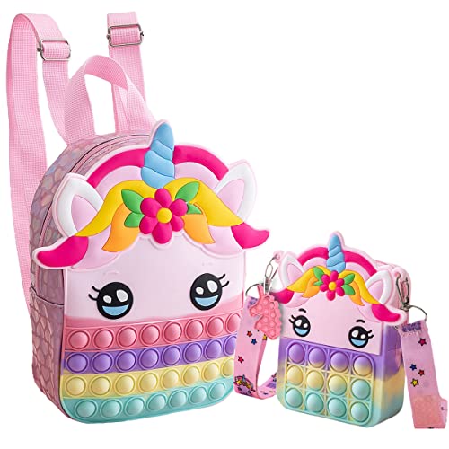 Pop Backpack + Pop Purse Shoulder Bag for Kids Girls Waterproof Fidget Backpack School Book Bags (3 Pcs - Style A)
