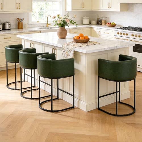 Image of 26 inch Counter Height Bar Stools Set of 4, Faux Leather Upholstered Barrel Chairs with Back and Arms, Metal Frame Kitchen Island Stools with Footrest, Forest Green