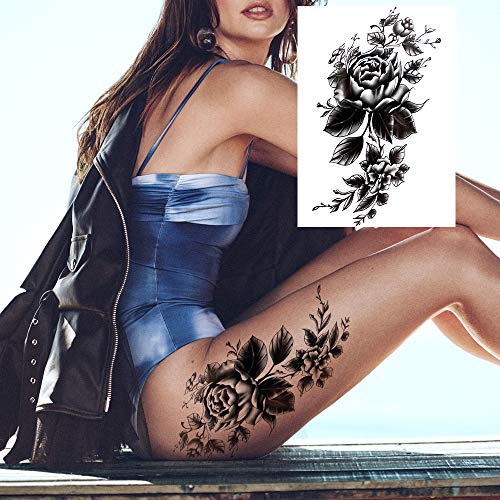 11 Sheets Nezar Sexy Big Rose Flower Full Arm Temporary Tattoos For Women Compass Clock Fake Tattoo Sticker Long Large Temporary Tattoo Sleeves Tribal Waterproof Twisted Chain Temp Tatoo Paper Skull #TOP4