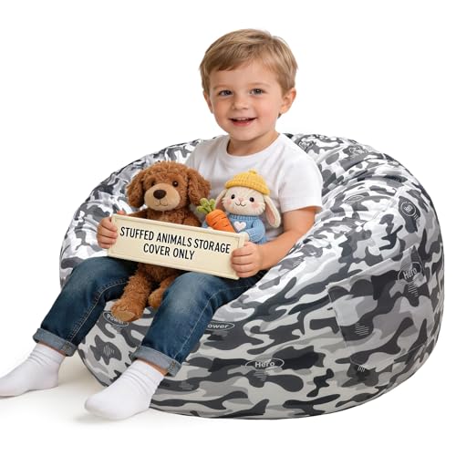 Lukeight Camo Stuffed Animals Storage Bean Bag Chair Cover Only (Ships Empty, No Filling) - Velvet YKK Zipper Beanbag Cover for Toddlers and Kids, Washable Plush Toy Organizer, Large 27" D x 16" H