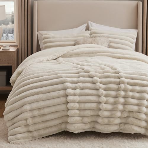 Bedsure Faux Fur Queen Comforter Set - Beige Fluffy...