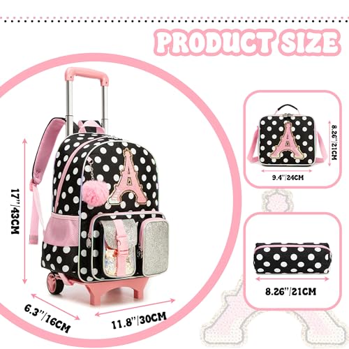Image of HTgroce Cute Rolling Backpack for Girls Kids with Lunch Box & Pencil Case 3pcs Girls Rolling Backpacks for Elementary Middle School Bag with Wheels (Dot Letter A)