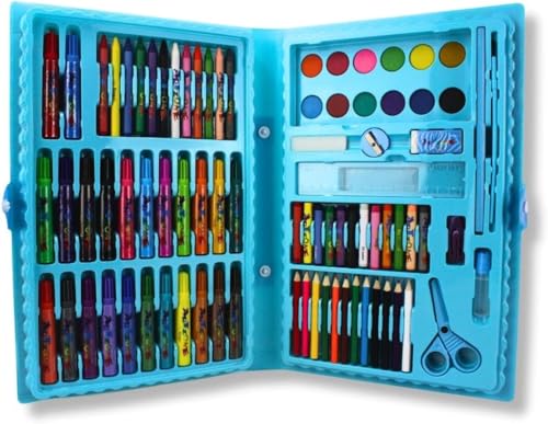 Kit 2 Conjuntos de Arte Infantil 48 Peças, Estojo Azul com Canetinhas, Lápis de Cor, Gizes de Cera e Desenhos para Colorir