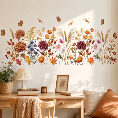 4 Pieces Autumn Dried Wildflower Wall Decals Vinyl Fall Hydrangea Flowers Wall Stickers Removable Vintage Floral Decals with Dragonfly Butterfly Art Murals Peel and Stick Decor for Bedroom Living Room