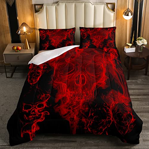 Gothic Skull Bedding Set Red and Black Skeleton Comforter Set Queen For Kids Boys Teen Men,Psychedelic Goth Skull Quilted Duvet Trippy Smoke Halloween Horror Down Comforter Bedroom Decor 2 P