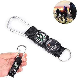 Camping Compass Thermometer, 3 in1 Multifunc Compass Thermometer Keychain Small with Clip, Mini Compass for Hiking and Thermometer, Camping Survival Tools Mountaineering Hiking Outdoor Gadgets(Black)