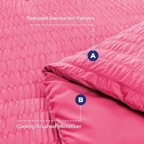 Image of HYMOKEGE Hot Pink King Size Comforter Set Seersucker 7 Pieces, All Season Luxury Bed in a Bag for Bedroom, Bedding Set with Comforter, Sheets, Pillowcases & Shams