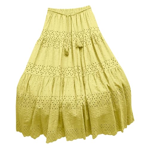 Womens Boho Casual Skirts 2025 Lace Embroidery Eyelet Elastic Waist Skirt Solid Color Loose Flowy Tiered Maxi Skirts
