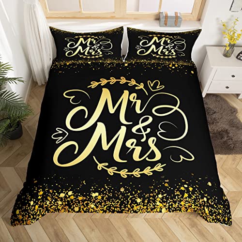 Erosebridal Mr and Mrs Gifts Comforter Cover Set Black Gold Sequins Duvet Cover King,Glitter Golden Heart Bedding Set for Women Adult Man, for Couple,Wedding Gifts for Couple Bedroom Decor