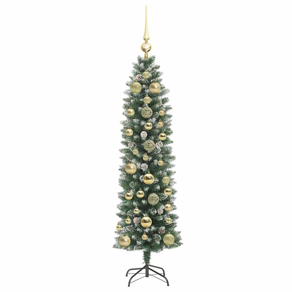 Albero di Natale artificiale sottile, verde e bianco, altezza 150 cm, con 266 punte in PVC, 150 LED a luce bianca calda e 8 modalità lampeggiante, alimentato USB per interni