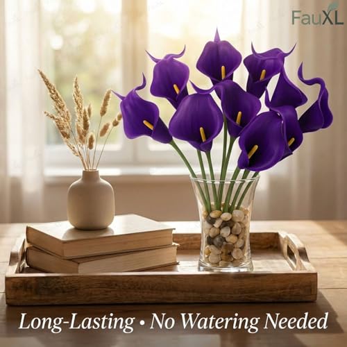 Image of 10 Pcs Artificial Calla Lily Flowers Bunch for Vase and Flower Pots- Premium Real-Look Faux Lily Stems for Home Decor, Living Room, Bedroom, Office Decoration (Vase not Included) (Purple)