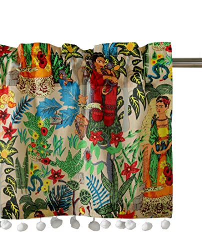 Image of Ravaiyaa - Attitude is everything Hand Printed Half Window Kitchen Curtain 100% Cotton Short Drapery Valance 40 X 18 Inch (Beige Floralsemi Sheer, Rod Pocket)