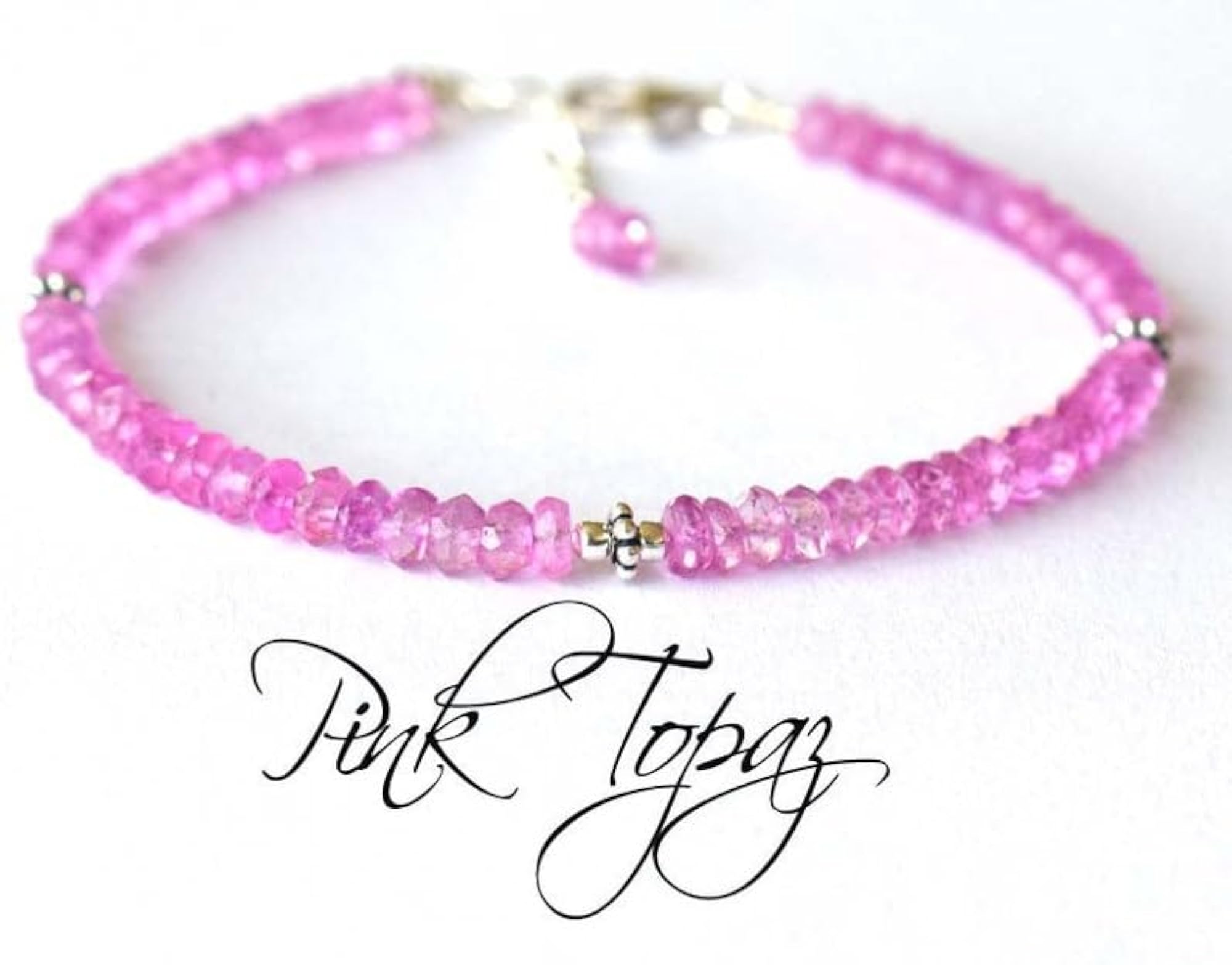 Coated Pink Topaz Rondelle Beaded Bracelet with Silver Lock, Adjustable