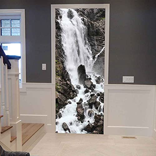 CBWRAW 3D Pegatinas Para Puertas Papel Tapiz Murales Paisaje De Cascada Alpina Sala De Estar Dormitorio Impermeable Creativo Foto Moderno Arte Wallpaper Decorativas Diy Póster Calcomanía 77x200cm