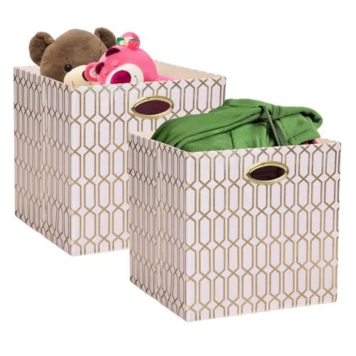 Posprica Storage Bins, Storage Cubes,13×13 Fabric Drawers Organizer Basket Boxes Containers (13×13×13/2pcs, Cream/gold geometry Pattern)