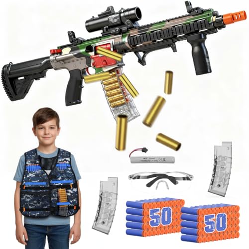 EagleStone Automatic Toy Gun Shell Ejecting Sniper Rifle with Scope Tactical Vest Kit,Electric Toy Foam Blaster Dart Toys with 100 Darts, 20 Shells, Boys Birthday Gift for Age 8 9 10 12+ Year Old Kid