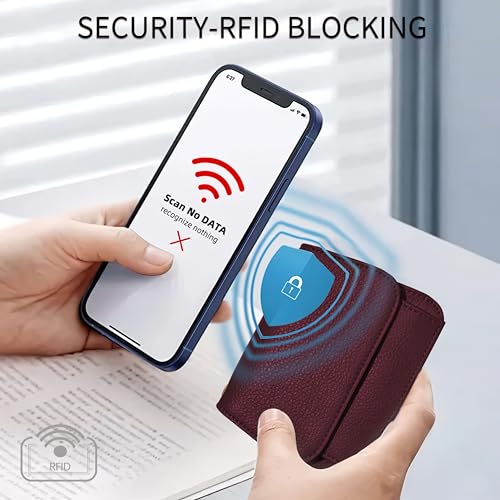 Image of Women Small Wallet RFID Blocking Slim Wallet with Coin Pocket Tri-Fold Credit Card Holder with ID Window and Keychain (Burgundy)