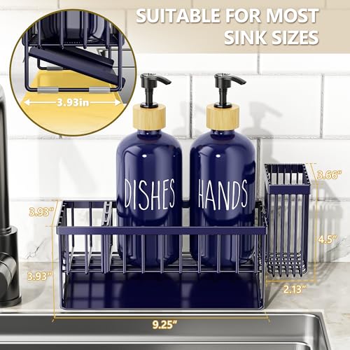 Image of Cisily Navy Blue Kitchen Dish Soap Dispenser, 16 fl Oz Dual Kitchen Soap Dispensers with Sponge Holder, Customized Stainless Steel Kitchen Soap Dispenser Set, Modern Hand and Dish Soap Bottle Set