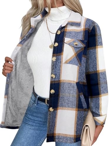 Image of Zeagoo Womens Fall Jackets 2025 Trendy Sherpa Fleece Lined Coats Warm Plaid Flannel Shacket Shirts with Pockets