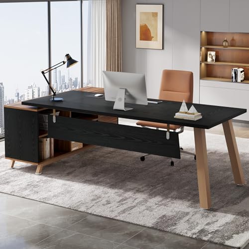 Image of Tribesigns 78.7-Inch Executive Desk, L-Shaped Desk with 55-Inch Cabinet, Large Office Desk with Storage Shelves, Modern Computer Desk for Home Office, Black & Walnut