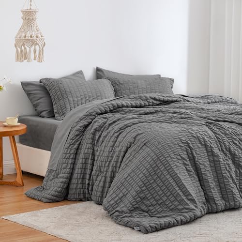 Love’s cabin Seersucker Dark Grey Twin Comforter Set 5 Pieces, All Season Bedding Set, Twin Bed in a Bag Comforter Set with Comforter, Flat Sheet, Fitted Sheet, Pillowcase and Pillow Sham