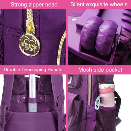 CCJPX 3PCS Rolling Backpack for Girls, Women Roller Bookbag with Lunch Box for Adults, Water Resistant Wheeled School Bag for Teens Kids Travel - Dark Purple - Image 6