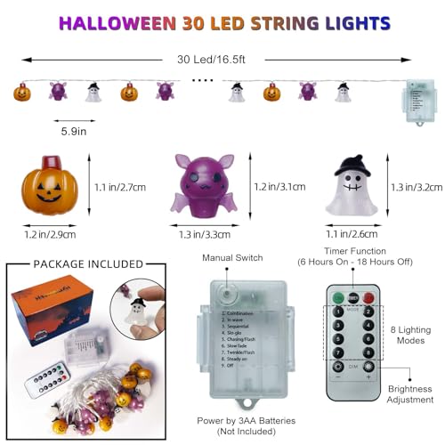 Image of Halloween Lights Decorations, 16.4 FT 30 LED Pumpkin Bat Ghost Spooky Battery Operated Cute Orange and Purple String Lights Cozy Remote Timer 8 Lighting Modes Twinkle Indoor Outdoor Window Porch Decor