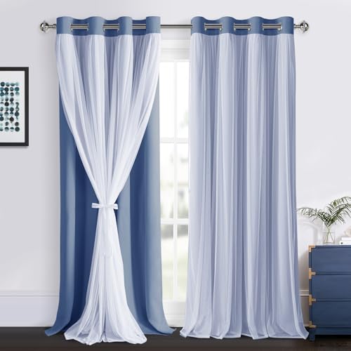 Image of DWCN Blue Blackout Curtains with Sheer Overlay with Tiebacks 96 Inch Long