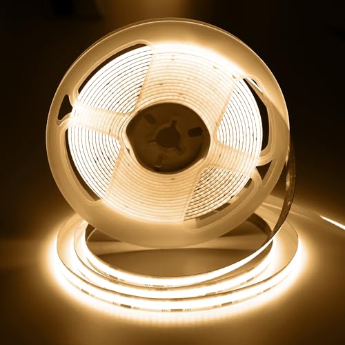Image of 16.4FT /5M COB Led Strip Lights, Warm White 3000K LED Tape Lights, 640 LEDs /M CRI 93+ Flexible Dimmable Self Adhesive Lights Strip for Bedroom, Mirror, Kitchen, Indoor Decor (No Plug)