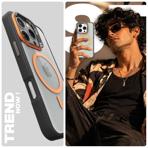 Image of Pikkme Back Cover for iPhone 16 Pro | Shockproof | Mag-Safe Compatible | Hard Transparent Back | Premium Raised Camera Protection | Bumper Case (Black & Orange Mag-Safe)