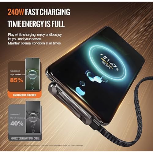 Image of 240W USB C to USB C Fast Charging Cable with Foldable Adjustable Phone Stand, Multi-Angle Type C Charger Cord for Smartphones, Tablets & Laptops, High-Speed Data Transfer Charging Cable (Black, 1.5M)