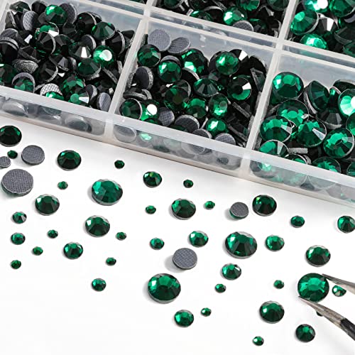 Image of 6736pcs Hotfix Rhinestones Flatback,Green Rhinestones for Crafts Clothes Mixed 5 Sizes, Hotfix Crystals with Tweezers and Wax Pencil Kit, SS6-SS30,Emerald