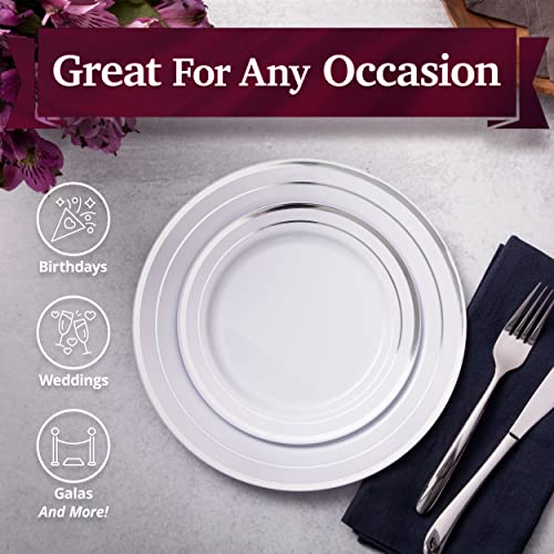 60 Plastic Plates With White And Silver Rim, Heavy Duty Plastic Disposable Party Plates 30 Dinner Plates 10.25" + 30 Salad Dessert Appetizer Plates 7.5", Premium Elegant For Weddings Holidays Events #TOP5