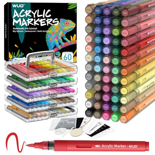 Image of WUO 60 Colors Acrylic Paint Markers Brush Tip with Automatic Ink Control | Water-based, no-bleed, waterproof acrylic paint pens for rock, wood, canvas, glass, ceramic, fabric and DIY crafts